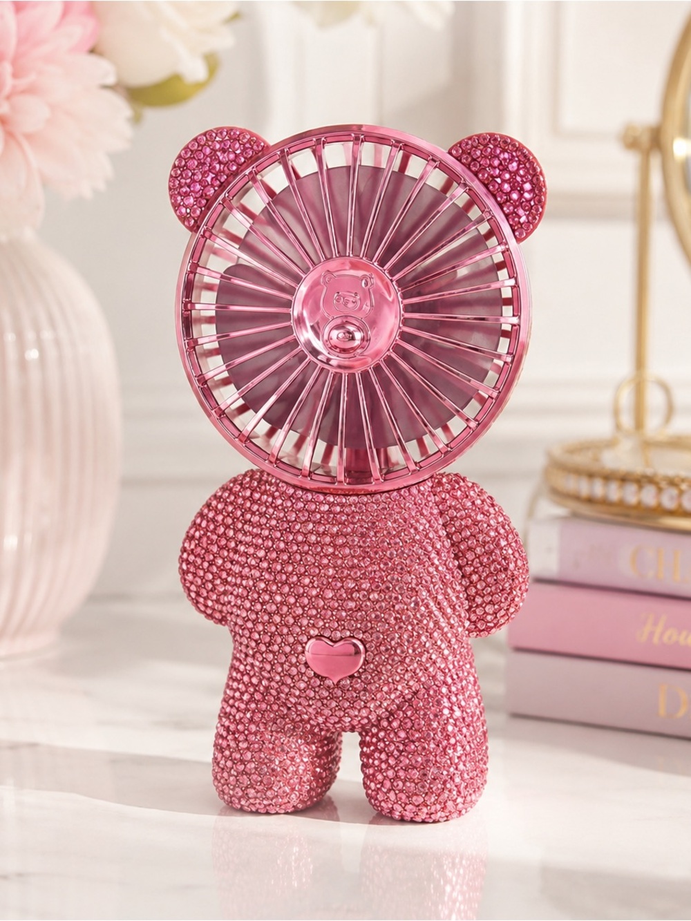 Pink Rhinestone Embellished Teddy Bear Portable Rechargeable Mini Fan – 3 Speeds